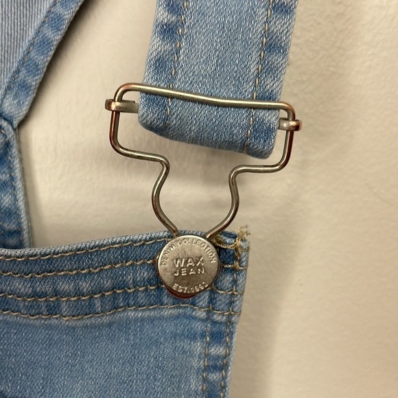 Wax Jean Light Blue Wash Roll Cuff Distressed Denim Shortie Overall, Small - Picture 6 of 8